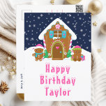 Gingerbread House Pink and Navy Happy Birthday Postcard<br><div class="desc">This cute and festive birthday postcard can be personalised with a name or title such as daughter, granddaughter, niece, friend etc. The design features a cute gingerbread house decorated with pink and green Christmas candy. Beside it are adorable gingerbread men with gifts, dressed in Santa hats and a scarf. In...</div>