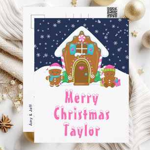 Gingerbread House Pink and Navy Merry Christmas Holiday Postcard