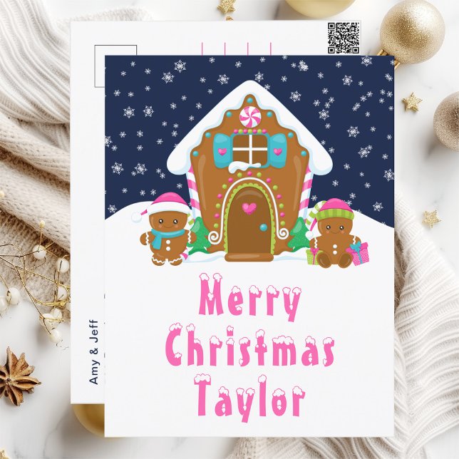 Gingerbread House Pink and Navy Merry Christmas Holiday Postcard (Creator Uploaded)