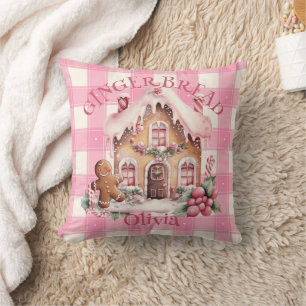 Gingerbread House Pink Checkered Custom Cushion