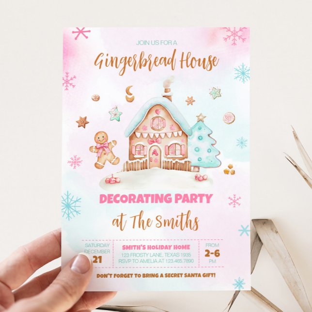 Gingerbread House Pink Christmas Decorating Party Invitation (Gingerbread House Christmas Decorating Party Invitation)