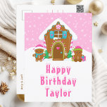 Gingerbread House Pink Happy Birthday Postcard<br><div class="desc">This cute and festive birthday postcard can be personalised with a name or title such as daughter, granddaughter, niece, friend etc. The design features a cute gingerbread house decorated with pink and green Christmas candy. Beside it are adorable gingerbread men with gifts, dressed in Santa hats and a scarf. In...</div>