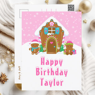 Gingerbread House Pink Happy Birthday Postcard