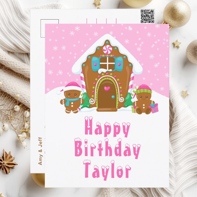 Gingerbread House Pink Happy Birthday Postcard (Creator Uploaded)