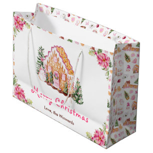 Gingerbread House Pink Merry Christmas Large Gift Bag