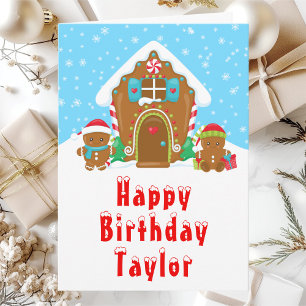 Gingerbread House Red and Blue Happy Birthday Card