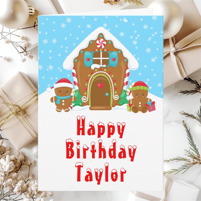 Gingerbread House Red and Blue Happy Birthday Card (Creator Uploaded)