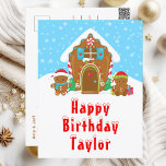 Gingerbread House Red and Blue Happy Birthday Postcard<br><div class="desc">This cute and festive birthday postcard can be personalised with a name or title such as son, grandson, nephew, friend etc. The design features a cute gingerbread house decorated with red and green Christmas candy. Beside it are adorable gingerbread men with gifts, dressed in Santa hats and a scarf. In...</div>
