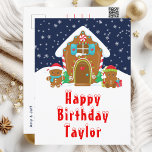 Gingerbread House Red and Navy Happy Birthday Postcard<br><div class="desc">This cute and festive birthday postcard can be personalised with a name or title such as son, grandson, nephew, friend etc. The design features a cute gingerbread house decorated with red and green Christmas candy. Beside it are adorable gingerbread men with gifts, dressed in Santa hats and a scarf. In...</div>