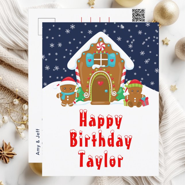 Gingerbread House Red and Navy Happy Birthday Postcard (Creator Uploaded)