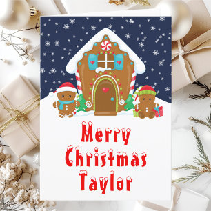 Gingerbread House Red and Navy Merry Christmas Holiday Card