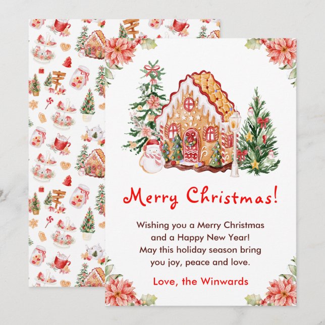Gingerbread House Red Merry Christmas Holiday Card (Front/Back)