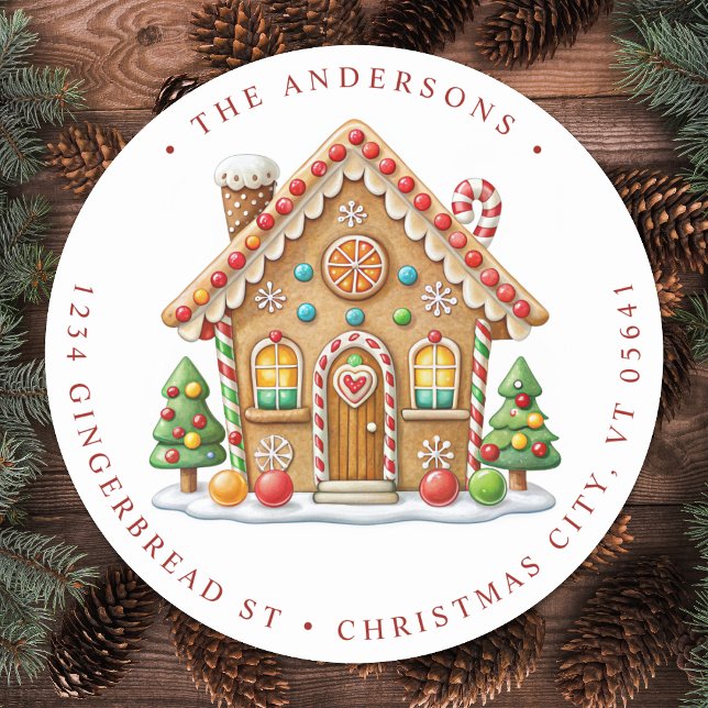 Gingerbread House Return Address Holiday Moving Classic Round Sticker (Creator Uploaded)