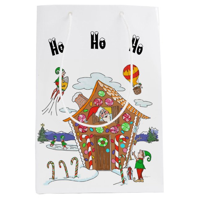 Gingerbread House Santa and Elves Colourful Comic Medium Gift Bag (Front)