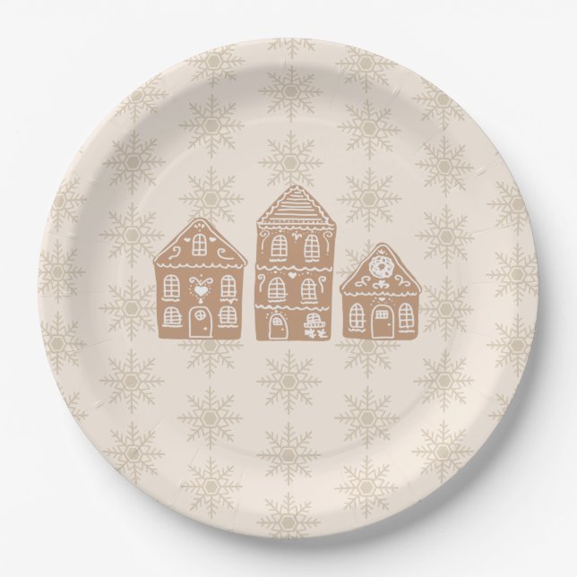 Gingerbread House Snowflake Pattern Holiday Paper Plate (Front)