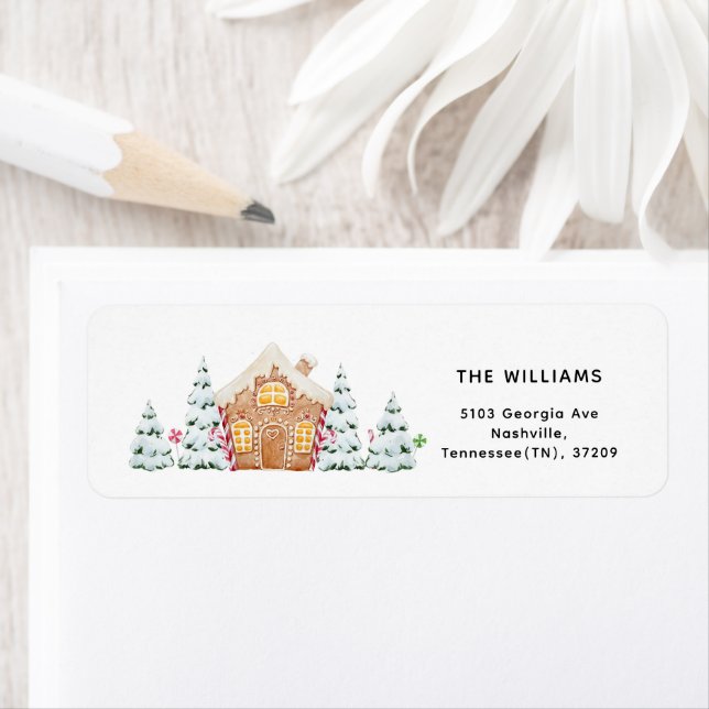 Gingerbread house snowy trees minimalist Christmas (Insitu)