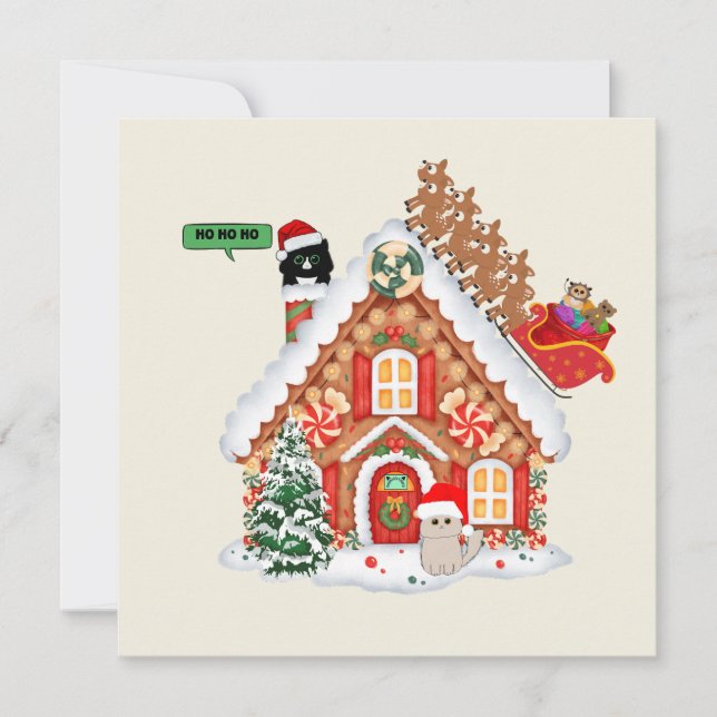 Gingerbread House Visit from Santa Cat Flat Card (Front)