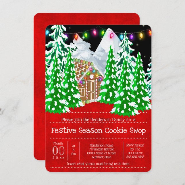 Gingerbread house woodland snow cookie exchange invitation (Front/Back)