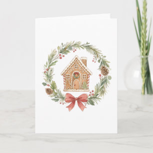 Gingerbread House Wreath with Red Bow Watercolor H Card