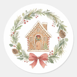 Gingerbread House Wreath with Red Bow Watercolor H Classic Round Sticker