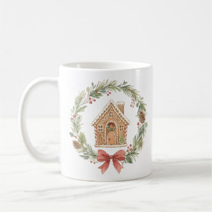 Gingerbread House Wreath with Red Bow Watercolor H Coffee Mug