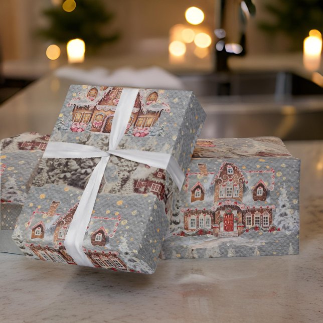 Gingerbread Houses Christmas Snow Steel Grey Wrapping Paper (Creator Uploaded)