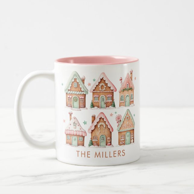 Gingerbread Houses Pink Mint Christmas Two-Tone Coffee Mug (Left)