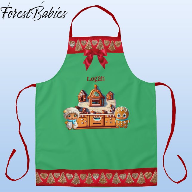 Gingerbread Kitchen Boy & Girl Cookie Graphic Apron (Gingerbread Kitchen, Man, Boy & Woman, Girl Christmas 🎄Customizable ForestBabies Apron)