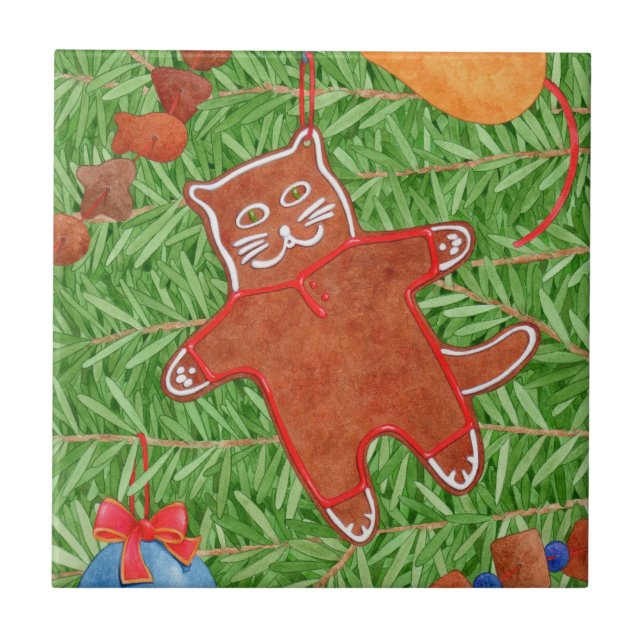 GINGERBREAD KITTY 4.25" Square Ceramic Tile (Front)