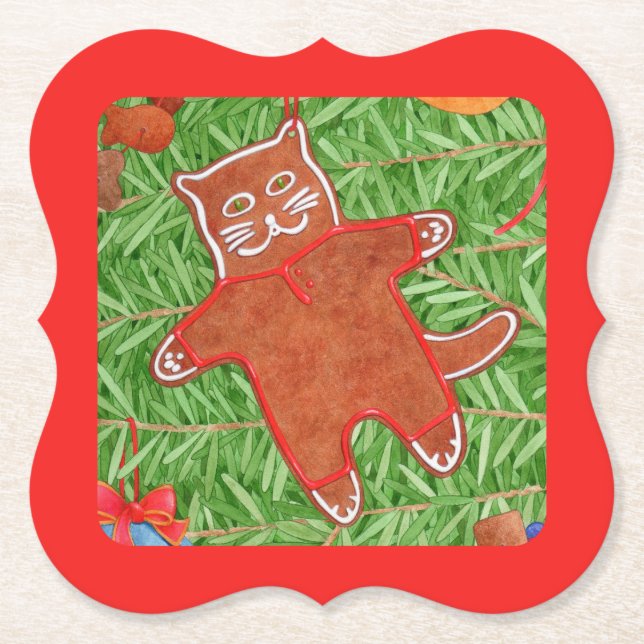 GINGERBREAD KITTY Bracket Paper Coasters / Red (Front)