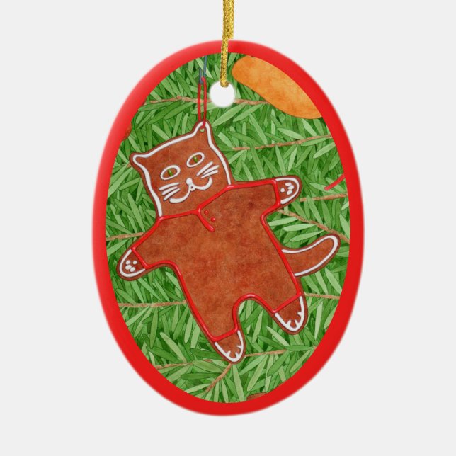 GINGERBREAD KITTY Ceramic Oval Ornament (Front)