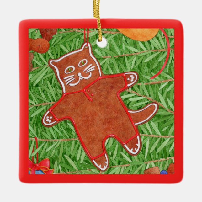 GINGERBREAD KITTY Ceramic Square Ornament (Front)