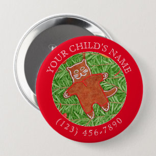 GINGERBREAD KITTY Child ID Button - Red