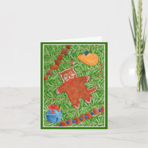 GINGERBREAD KITTY Christmas Notecard / Green