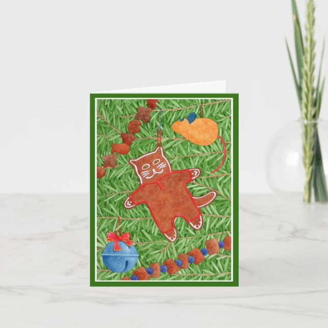 GINGERBREAD KITTY Christmas Notecard / Green (Front)