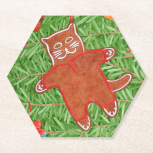 GINGERBREAD KITTY Hexagon Paper Coasters