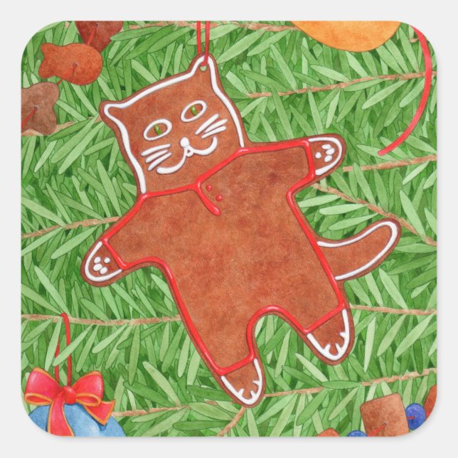 GINGERBREAD KITTY Large Square Stickers (Front)