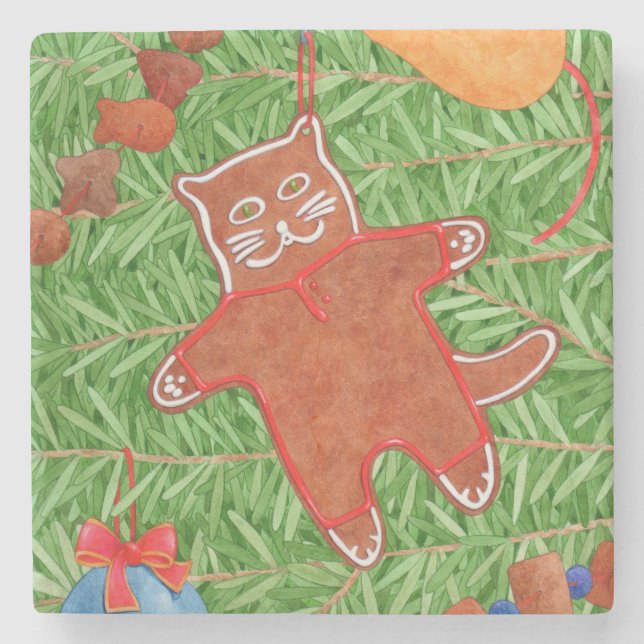 GINGERBREAD KITTY Marble Stone Coaster (Front)