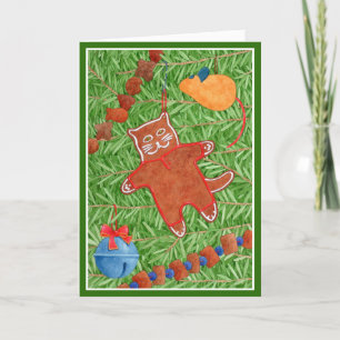 GINGERBREAD KITTY "Meowy Christmas" Card / Green