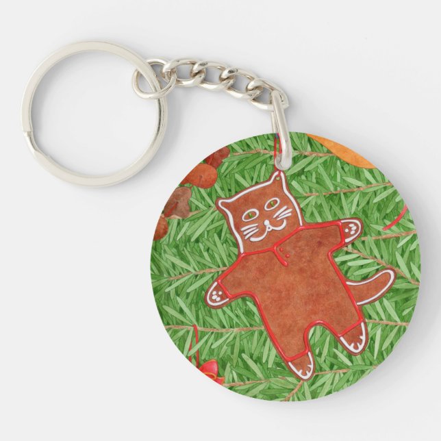 GINGERBREAD KITTY Round Acrylic Keychain (Front)