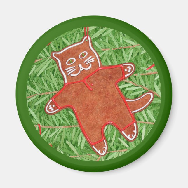 GINGERBREAD KITTY Round Magnet / Green (Front)