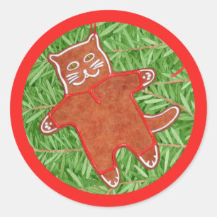 GINGERBREAD KITTY Small Round Stickers / Red
