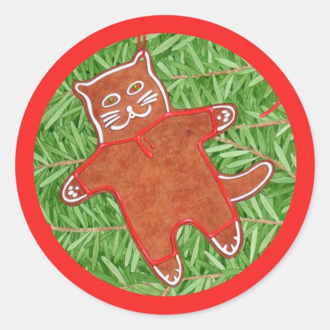 GINGERBREAD KITTY Small Round Stickers / Red (Front)