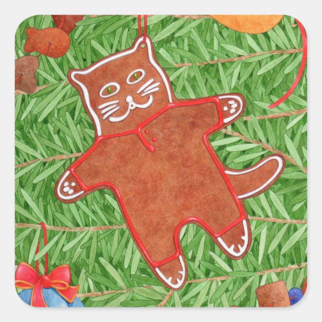 GINGERBREAD KITTY Small Square Stickers (Front)