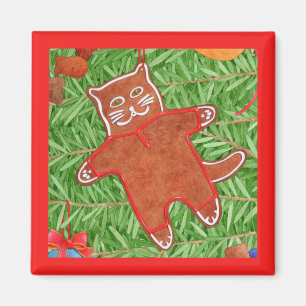 GINGERBREAD KITTY Square Magnet / Red