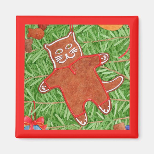 GINGERBREAD KITTY Square Magnet / Red (Front)