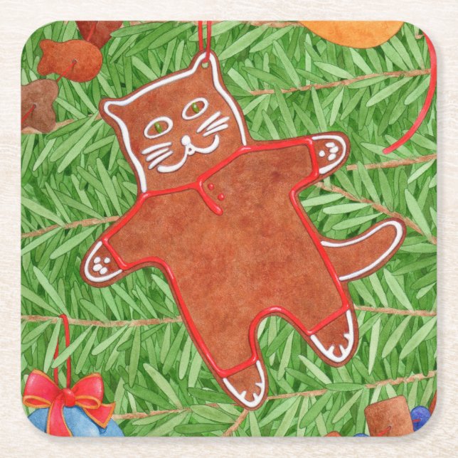 GINGERBREAD KITTY Square Paper Coasters (Front)