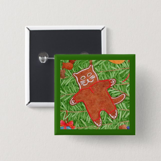 GINGERBREAD KITTY Square Pin Button / Green (Front & Back)