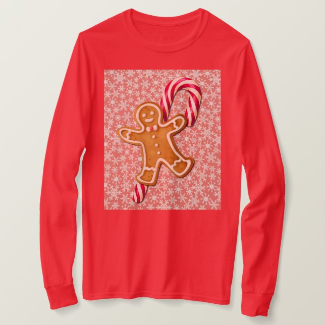 Gingerbread Man and Candy Cane Art on T-Shirt (Design Front)