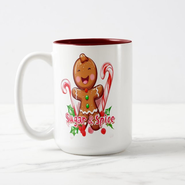 Gingerbread Man and Candy Cane Christmas Two-Tone Coffee Mug (Left)